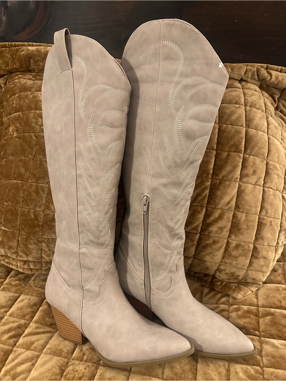 Pink Lily Western Cowboy Boots Size 7.5 Taupe Embroidered Knee High NWOT - Picture 6 of 12